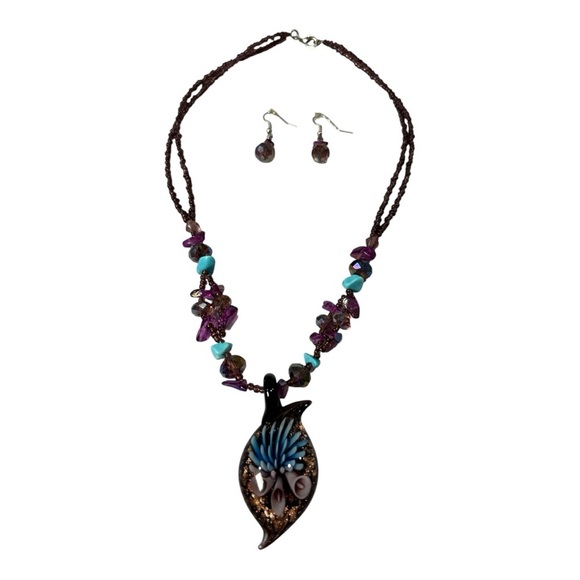 Boho Glass Pendant Necklace & Dangle Earrings Set Beaded Cord Purple Turquoise - Picture 5 of 7